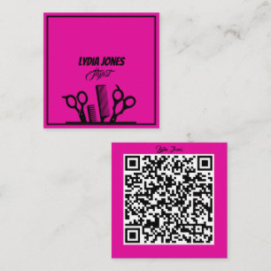 Hot Pink Square Stylist Business Card with QR Code