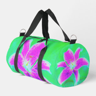Hot Pink Stargazer Lily on Turquoise and Green Duffle Bag