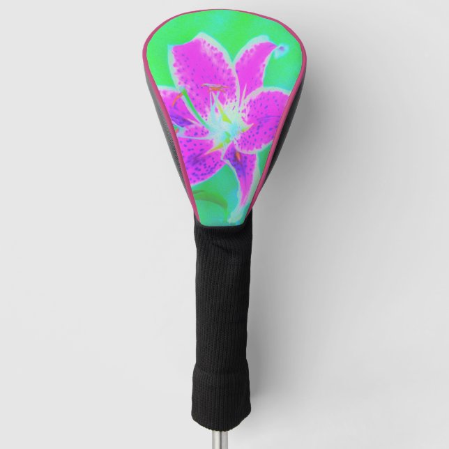Hot Pink Stargazer Lily on Turquoise and Green Golf Head Cover (Front)