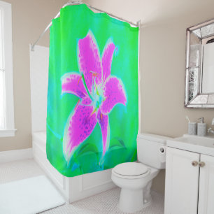 Hot Pink Stargazer Lily on Turquoise and Green Shower Curtain