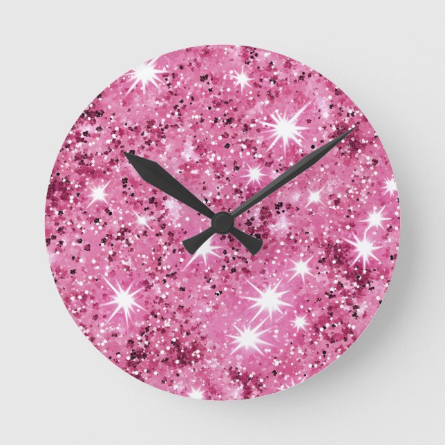  Hot Pink Stars Sequin Glitter  Round Clock (Front)
