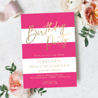 Hot Pink Stripe Birthday Foil Invitation