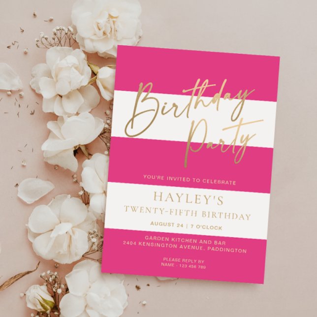 Hot Pink Stripe Gold Birthday Invitation (Hot Pink Stripe Birthday Invitation )