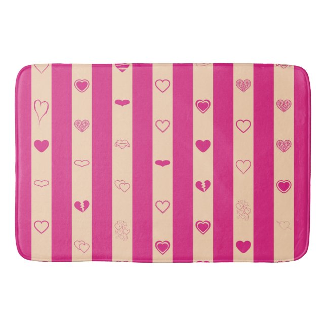 Hot Pink Stripes Modern Heart Pattern Bath Mat (Front)