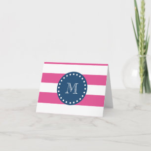 Hot Pink Stripes Pattern, Navy Blue Monogram Note Card