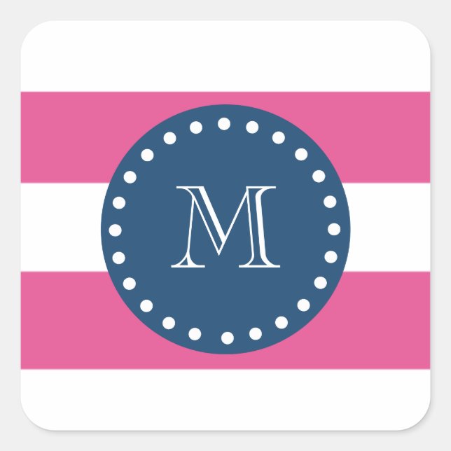 Hot Pink Stripes Pattern, Navy Blue Monogram Square Sticker (Front)