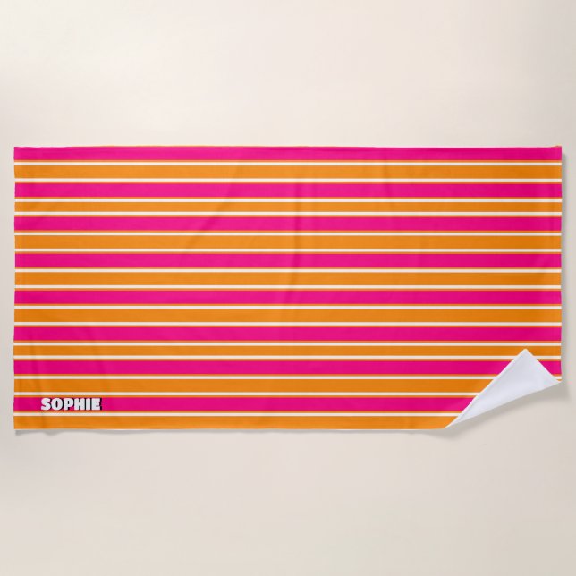 Hot Pink Stripes Preppy Aesthetic Beach Towel (Front)