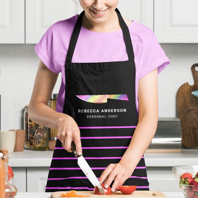 Hot Pink Stripes Rainbow Chef Knife Personalized Apron (Creator Uploaded)