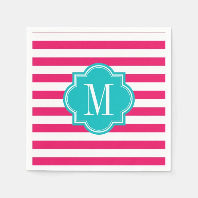 Hot Pink Stripes with Teal Monogram Napkin (Front)