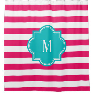 Hot Pink Stripes with Teal Monogram Shower Curtain