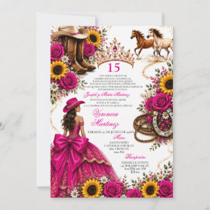 Hot Pink Sunflower Fuchsia Vaquera Quinceañera Invitation