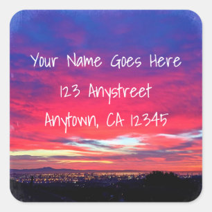 Hot pink sunset coasta lights photo return address square sticker