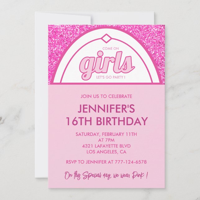 Hot pink sweet 16 invitations Evite Glitter Pink (Front)