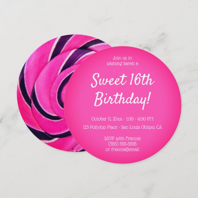 Hot Pink Sweet 16 Lollypop Photo Birthday Invitation (Front/Back)