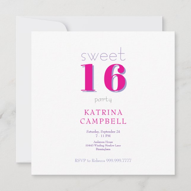 Hot Pink Sweet 16 Square Birthday Party Invitation (Front)