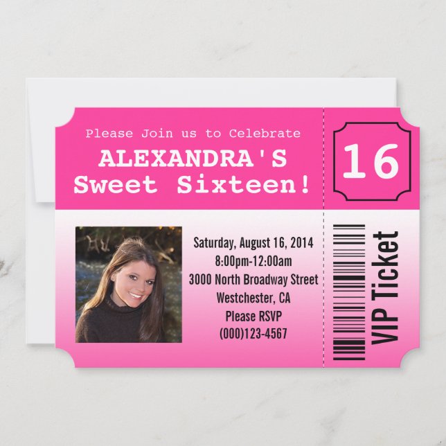 Hot Pink Sweet Sixteen Photo Ticket Invitation (Front)