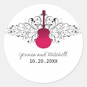 Hot Pink Swirls Guitar Wedding Stickers