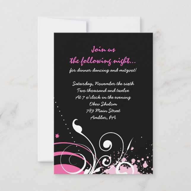 HOT PINK SWIRLS & STARS Bat Mitzvah Party Card (Front)