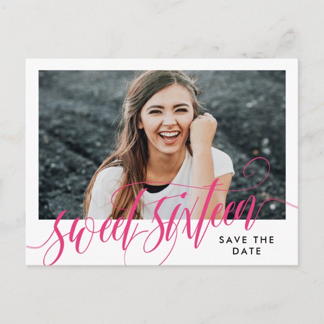 Hot Pink Swirly Sweet Sixteen Save the Date Postcard (Front)