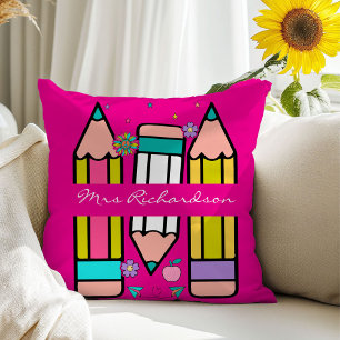 Hot Pink Teacher Colorful Pencil Name Throw Pillow