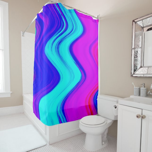 Hot pink, Teal, and Blue Paint Stripes  Shower Curtain (In Situ)