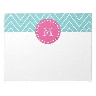 Hot Pink, Teal Blue Chevron   Your Monogram Notepad