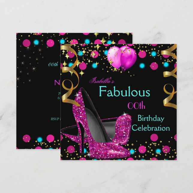 Hot Pink Teal Blue High Heels Shoes Birthday Party Invitation (Front/Back)