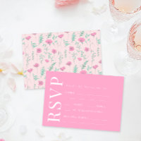 Hot Pink Teal Floral Retro Wedding RSVP Cards