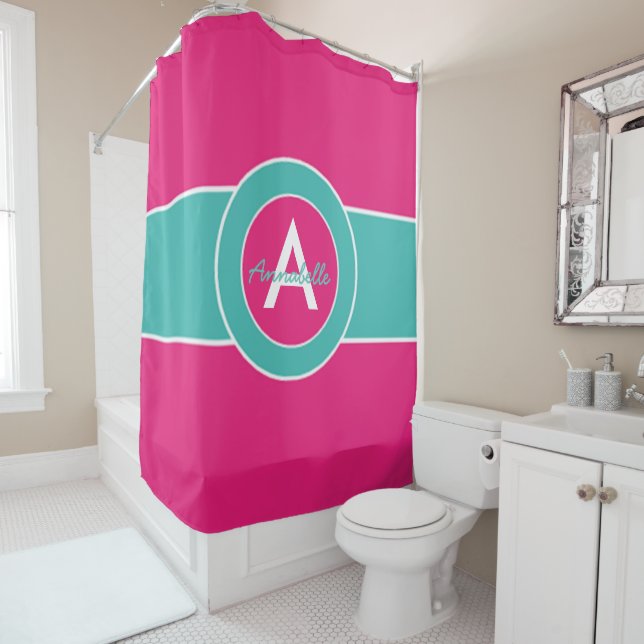 Hot Pink Teal Monogram Personalised Shower Curtain (In Situ)