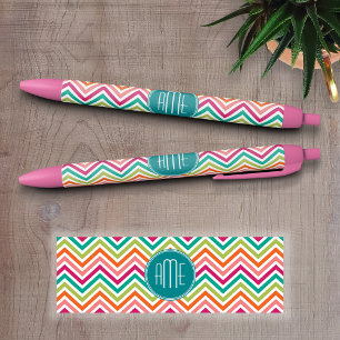 Hot Pink Teal Orange Chevrons Custom Monogram Black Ink Pen