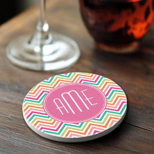 Hot Pink Teal Orange Chevrons Custom Monogram Coaster