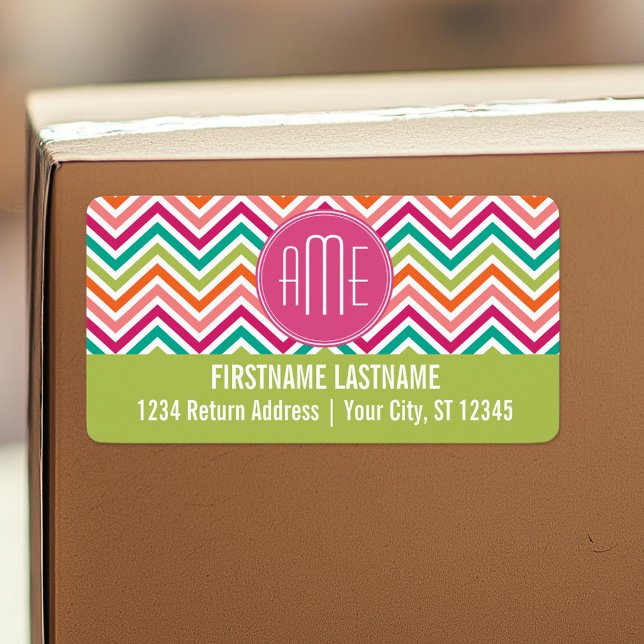 Hot Pink Teal Orange Chevrons Custom Monogram Label (Personalized return address label)