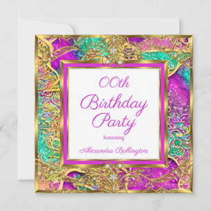 Hot pink teal purple Elite Gold Birthday Party  Invitation