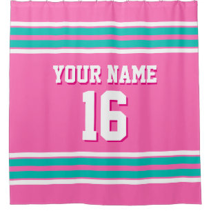 Hot Pink Teal White Stripes Sports Jersey Shower Curtain