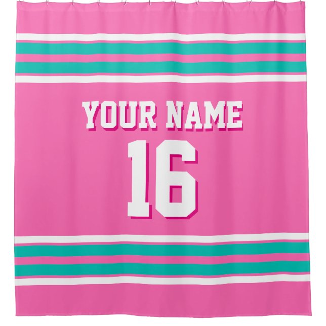 Hot Pink Teal White Stripes Sports Jersey Shower Curtain (Front)