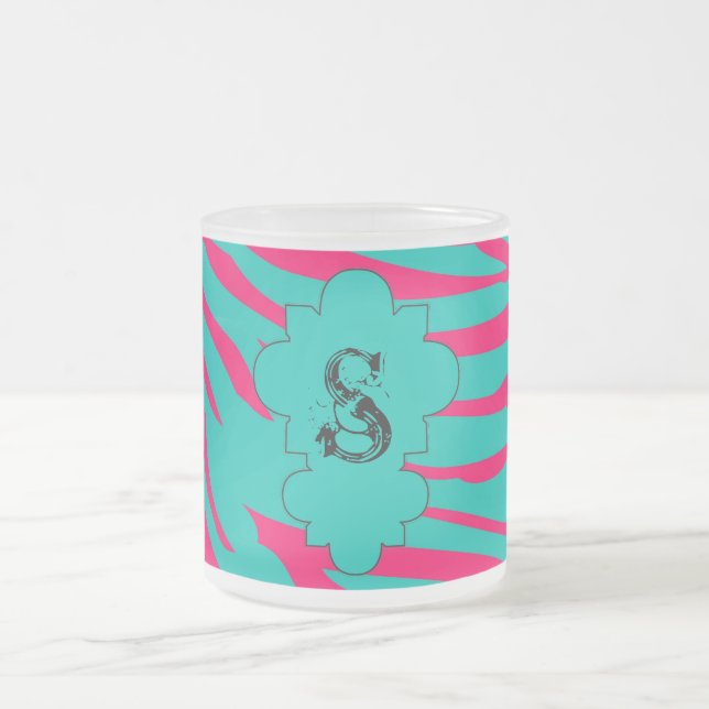 Hot Pink Teal Zebra Frosted Glass Coffee Mug Cup (Center)