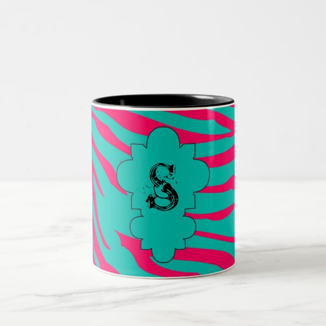 Hot Pink Teal Zebra Print Animal Coffee Mug Cup (Center)