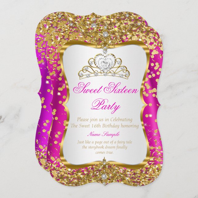 Hot Pink Tiara Princess Sweet 16 Gold White Invite (Front/Back)