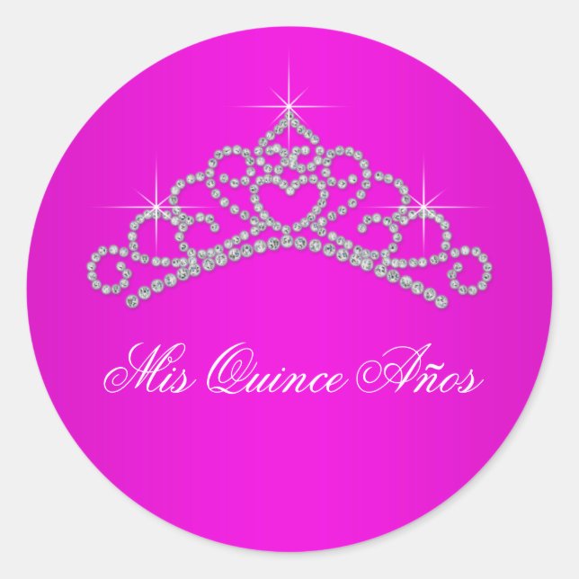 Hot Pink Tiara Sweet 15 Quinceanera Classic Round Sticker (Front)