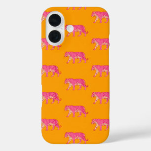 Hot Pink Tiger on Bold Orange Boho Pattern iPhone 16 Case