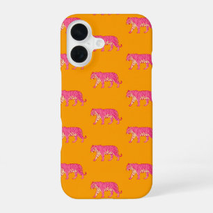 Hot Pink Tiger on Bold Orange Boho Pattern iPhone 16 Case