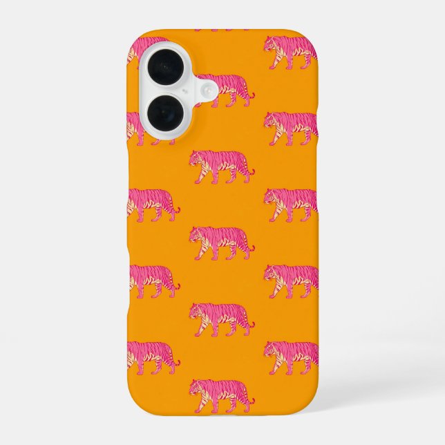 Hot Pink Tiger on Bold Orange Boho Pattern iPhone 16 Case (Back)