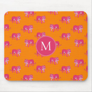 Hot Pink Tiger on Bold Orange Boho Pattern Mouse Pad