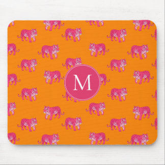 Hot Pink Tiger on Bold Orange Boho Pattern Mouse Pad
