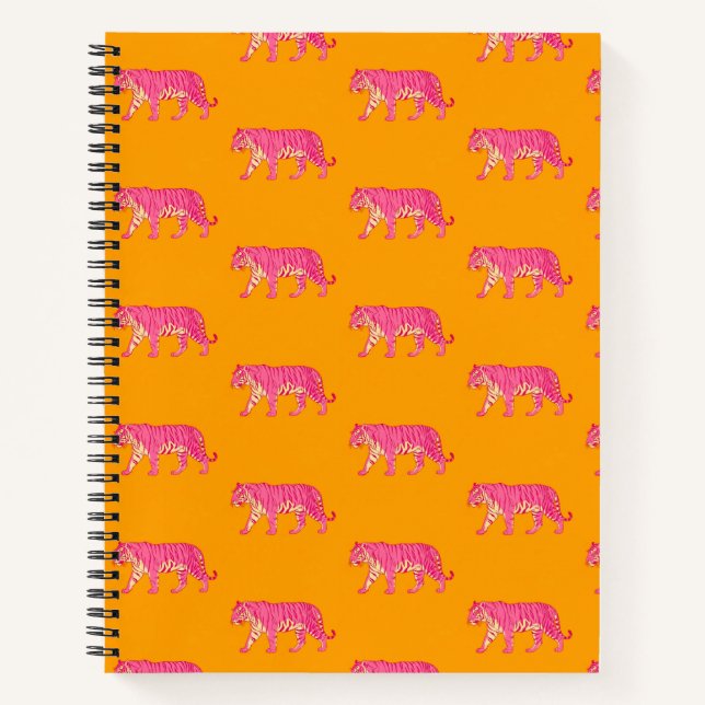 Hot Pink Tiger on Bold Orange Boho Pattern Notebook (Front)