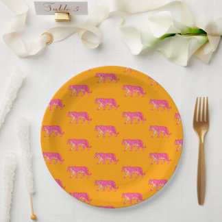 Hot Pink Tiger on Bold Orange Boho Pattern Paper Plate