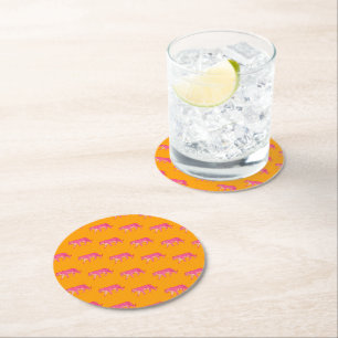 Hot Pink Tiger on Bold Orange Boho Pattern Round Paper Coaster