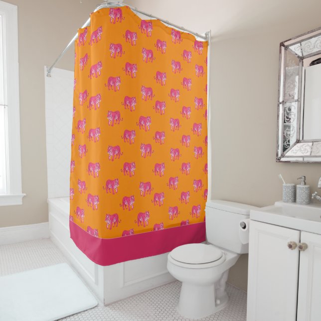 Hot Pink Tiger on Bold Orange Boho Pattern Shower Curtain (In Situ)