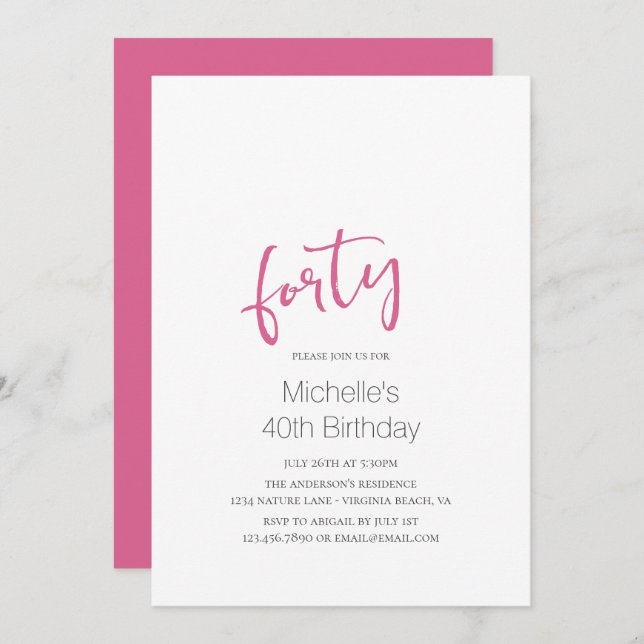 Hot Pink Trendy Modern Minimalist 40th Birthday Invitation (Front/Back)