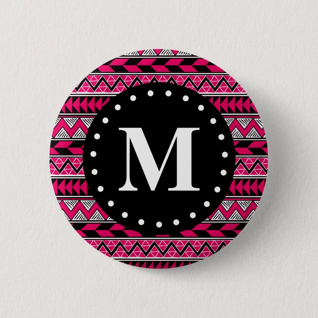 Hot Pink Tribal Chevron Pattern Monogram 6 Cm Round Badge (Front)
